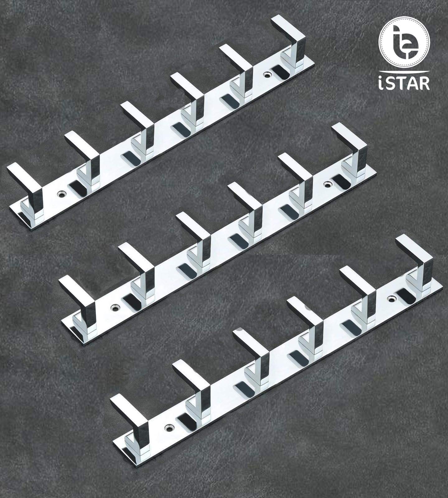 iSTAR 6 Pin Bathroom Cloth Hooks Hanger Wall Bedroom Bathroom Robe Hooks Rail for Hanging Keys,Clothes,Towel Steel Hook (Pack of 3, Silver), Aluminium 1