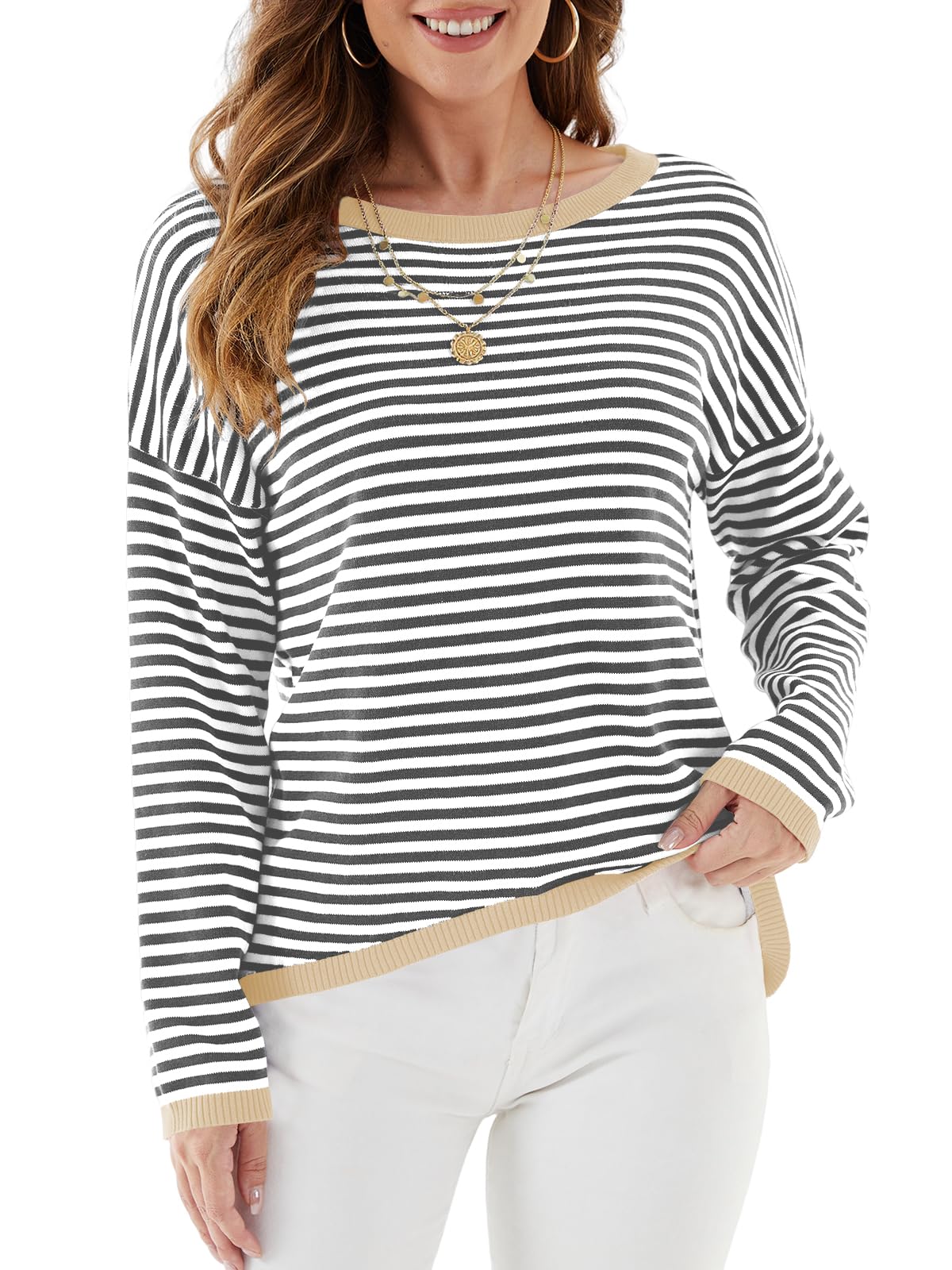 Cuptacc Jersey para Mujer A Rayas Sudadera Mujer Manga Larga Cuello Redondo AlgodóN Tops AlgodóN Casual Punto Jersey Mujer, Beigerrot