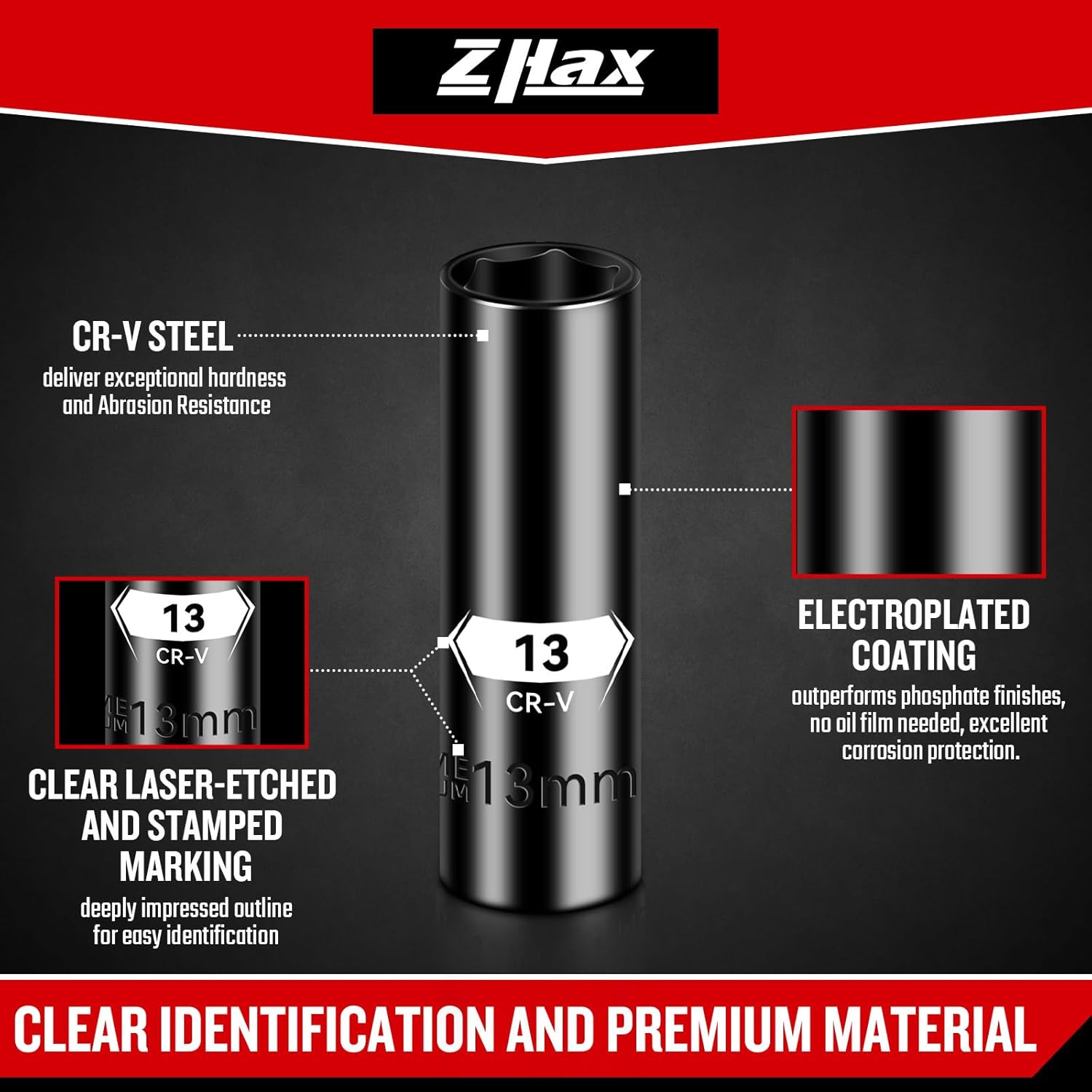 Zhax 3/8" Drive Deep Impact Socket Set, 10 PCS 6 Point Metric Sockets with Rail for 8-19mm (No 9 & 18mm), Cr-V Steel, Electroplated Coating, Ideal for Automotive, DIY