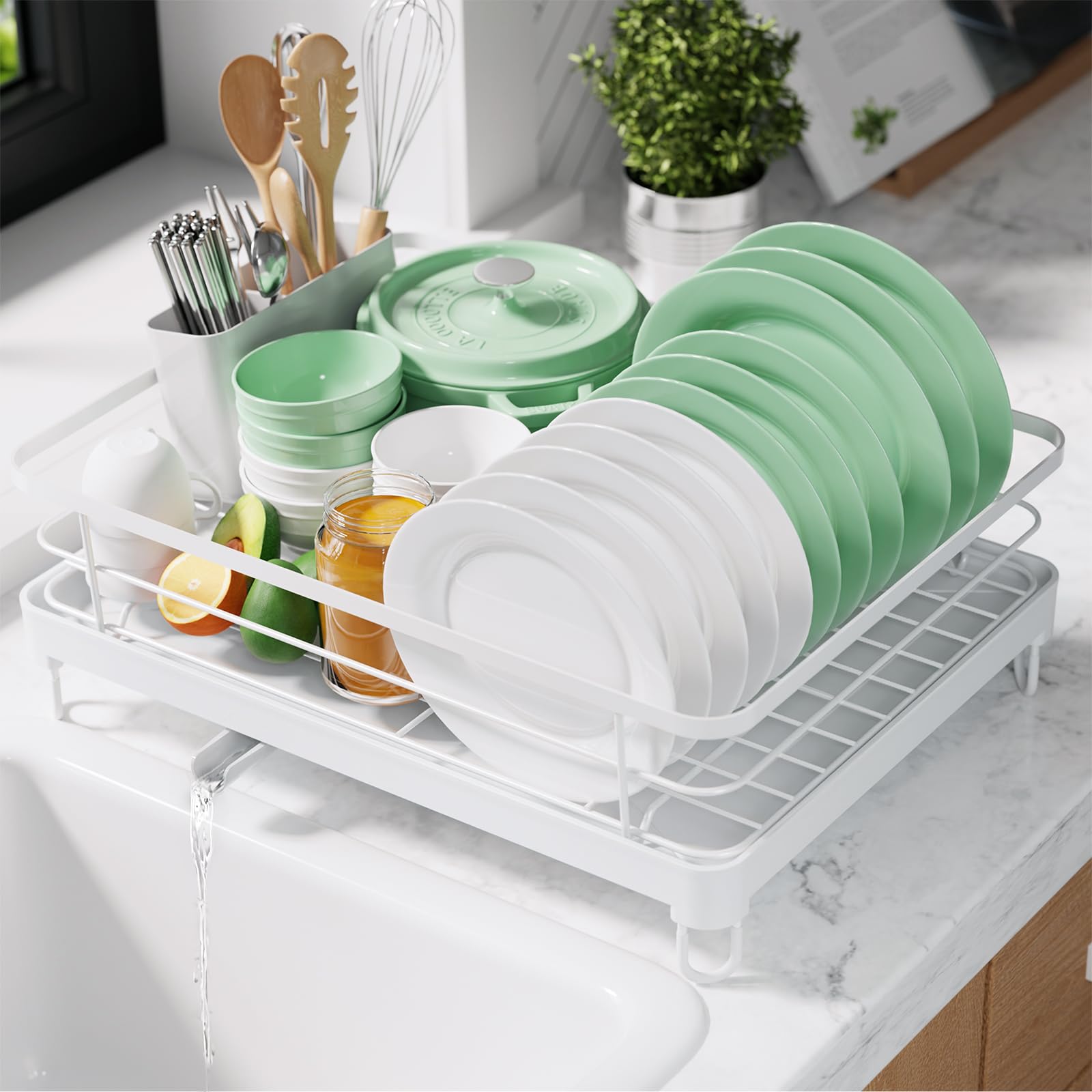Kitsure Dish Drying Rack- Space-Saving Dish Rack, Dish Racks for Kitchen Counter, Stainless Steel Kitchen Drying Rack with a Cutlery Holder, X-Large, White — image 1