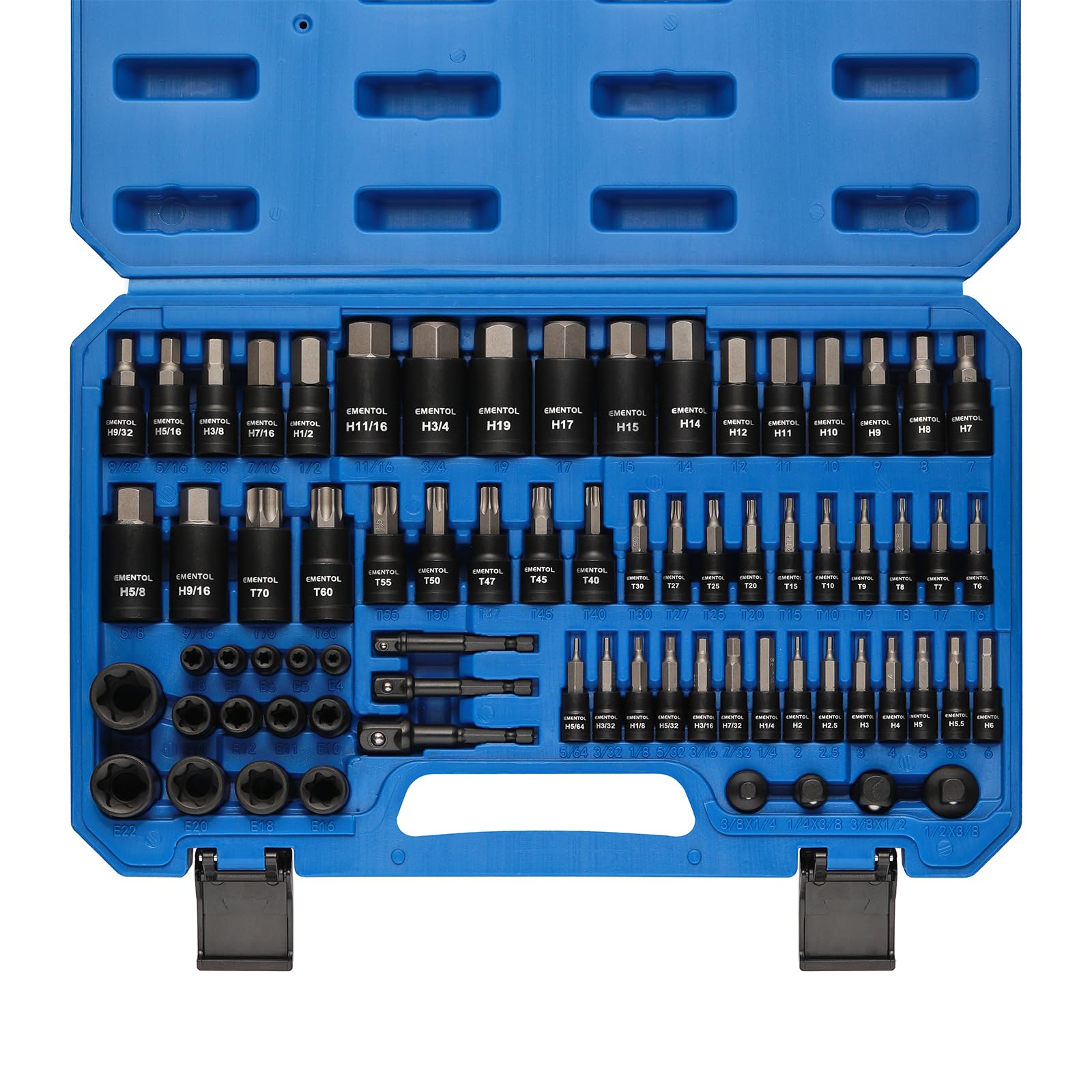 EMENTOL Juego de 71 piezas Torx y llaves de vaso hexagonales, Master SAE/métrico, 1/10.2 cm, 3/20.3 cm y 1/5.1 cm, acero S2 y CrV, incluye E4-E24, adaptador de enchufe/taladro