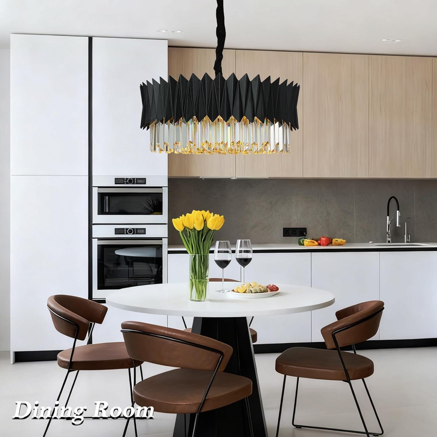 Black Crystal Chandelier 24 Inch Modern Round Crystal Pendant Light, 5-Tier Black Chandelier for Dining Room, Kitchen Island, Bedroom, Foyer & Living Room