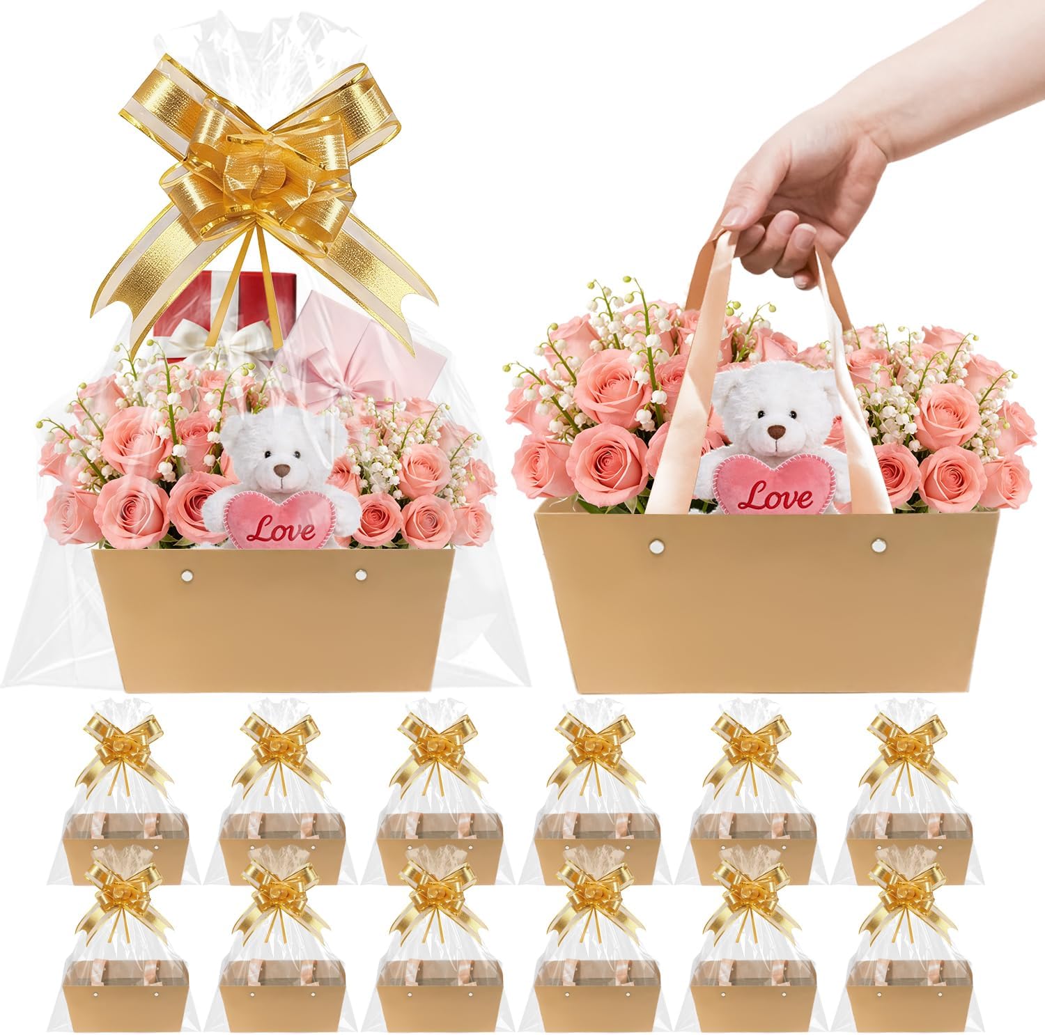 Surgifuly 12 Pack Baskets for Gifts Empty Bulk Kraft Empty Gift Basket Kit, Gift Bags With Handles DIY Kit for Packages Wrapping Wedding Party (Gold)