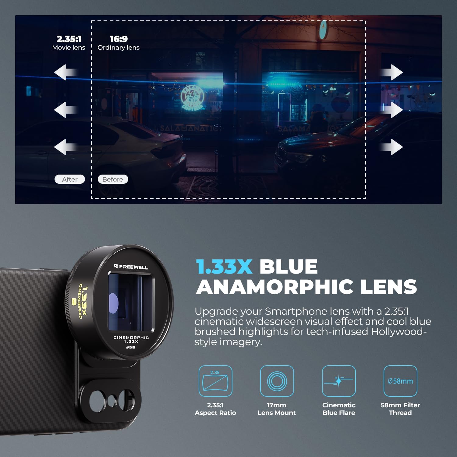 FREEWELL Pro Filmmaker Case and 1.33 Bule Anamorphic Lens Kit Compatible with iPhone 16 Pro Max-17mm Lens Mount