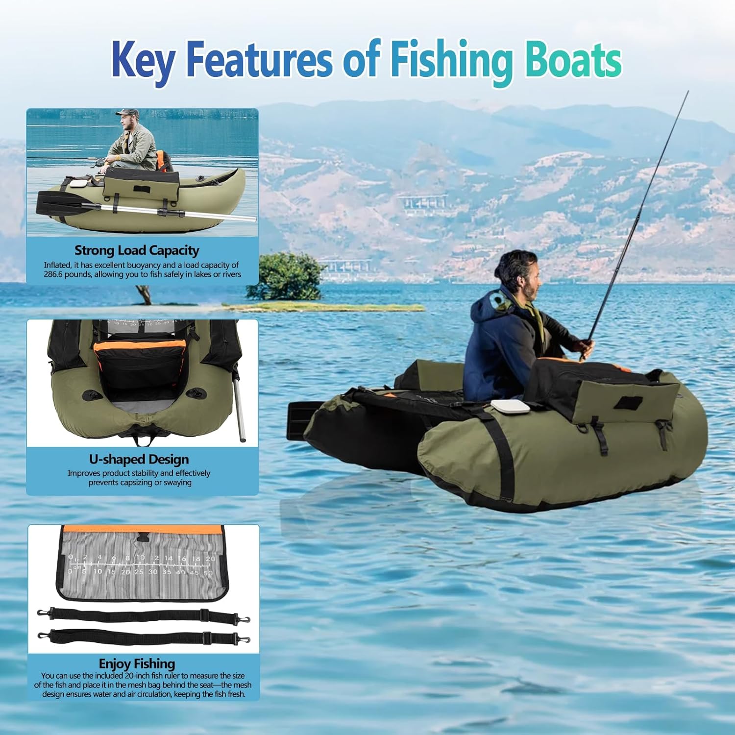 53.5 * 41.5IN Outdoor Fishing Boat with Paddle, Flippers 20IN Fish Ruler,Pump Storage Pockets Adjustable Straps 286.6LBS Load Bearing Capacity Belly Boat