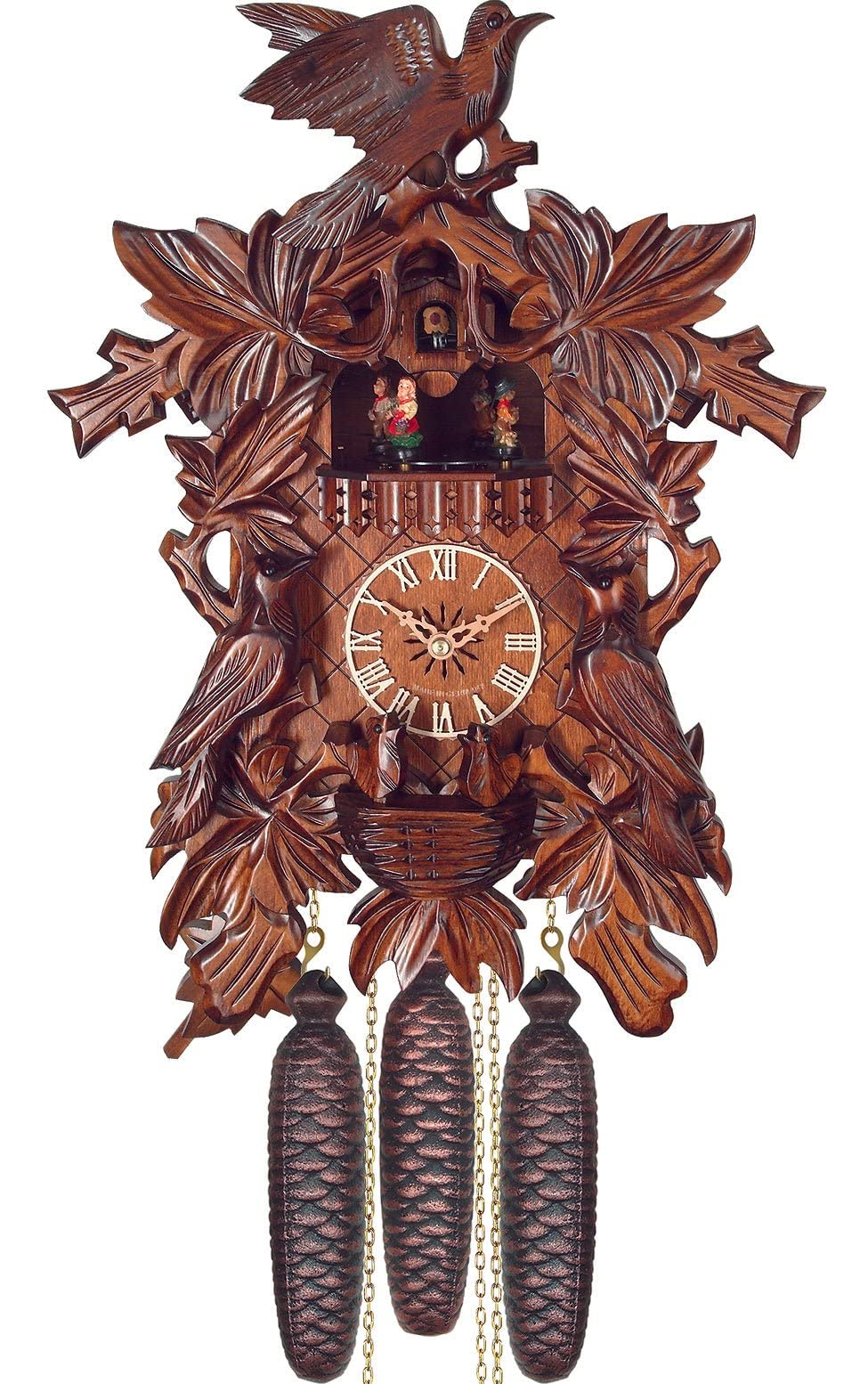 634-8MT Engstler Cuckoo Clock, Carved with 8-Day Weight Driven Movement-Full Size-18 H x 12.5" W x 8" D, Brown