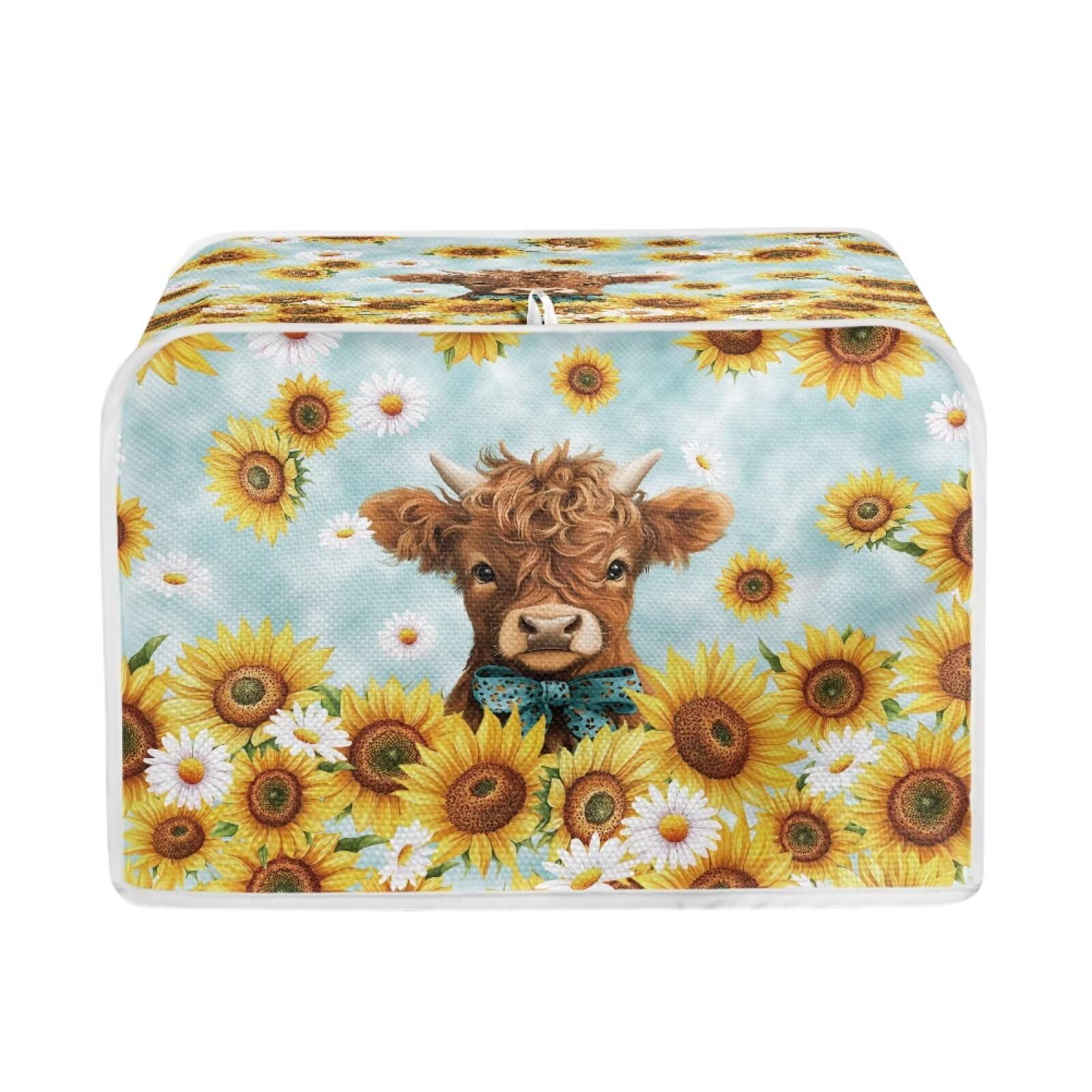 Talayituse Highland Cattle Sunflower Daisy Print Toaster Cover 4 Slice Wide Slot, Lightweight Bread Maker Cover Dust Protection Washable Appliance Bag, M