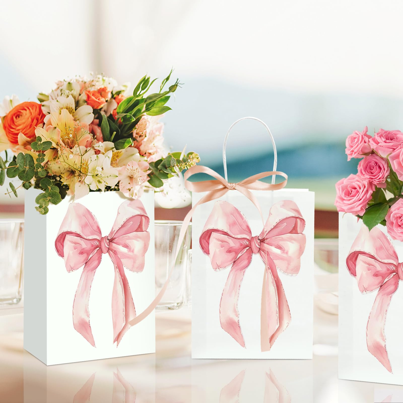 Draupnir 12PCS Coquette Pink Bow Paper Gift Bags, Party Favor Bags, Pink Goodie Bags for Birthday&Bachelorette Party Decoration Coquette Bow Gift Pouches with Handles 8.3x5.9x3.1 Inch