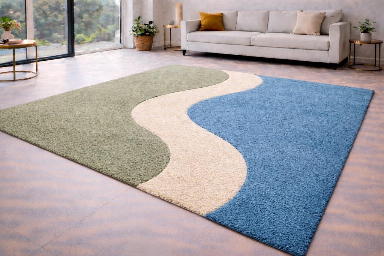 Hand-Crafted Premium Wool Area Rug Geometric Wave Fusion Design for Living Room, Bedroom, Dining Room, Hall & Office Decor 9 x 12 Feet Green/Blue