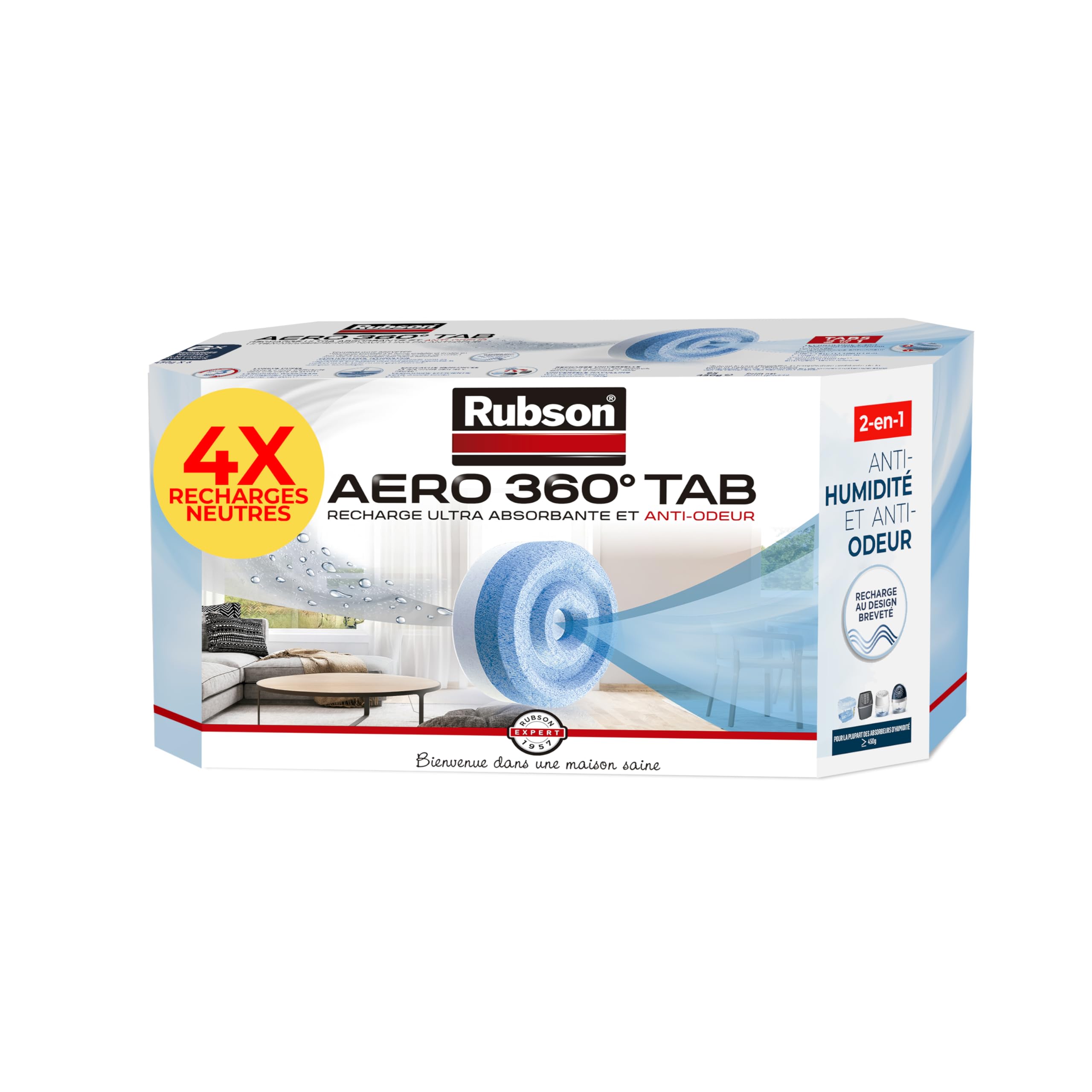 Rubson – AERO 360° Recharges en tabs neutres pour absorbeur d'humidité, recharges pour déshumidificateurs ultra absorbantes et anti odeur, 4 x 450 g pour déshumidificateur d'air