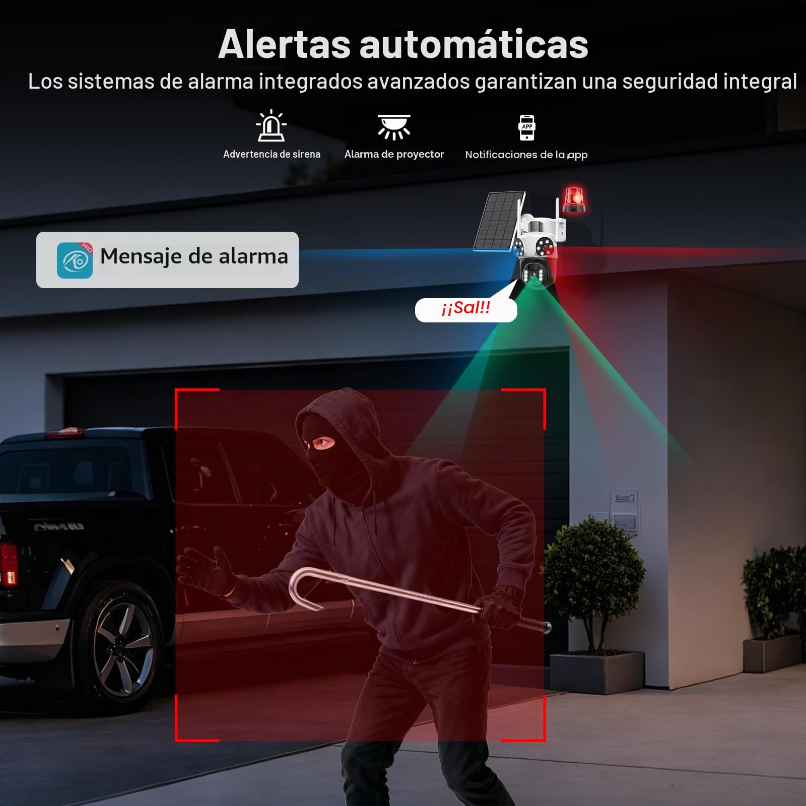 4K Triple Lente Camara Vigilancia WiFi Exterior con Panel Solar, 360°PTZ,Detección Humana PIR,Visión Nocturna en Color, Audio Bidireccional, Seguimiento Automático,Sirena,IP66,2.4G/5GHz,IP66