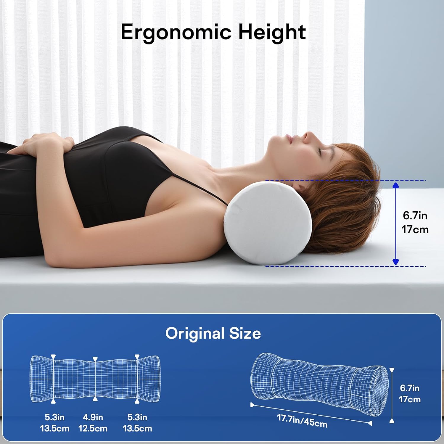 neck roll pillow - memory foam round neck pillow - ergonomic cervical roll pillow, breathable & removable cover - multi-use bolster pillow for neck, leg, back, yoga (blue white)