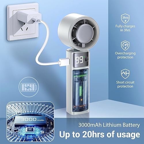 Miniatura 7 de Ventilador de mano portátil, potente ventilador personal Turbo Mini con 199 velocidades, 20 horas de tiempo de funcionamiento, plegable y recargable