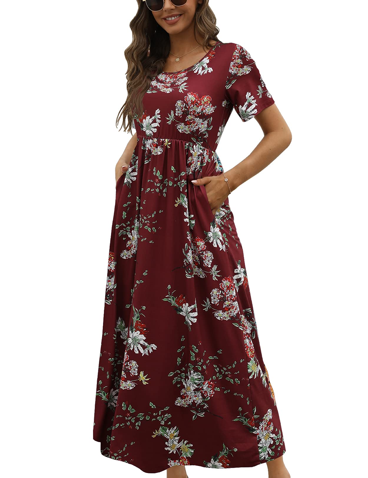 CHERFLY Vestido Casual Verano para Mujer Vestido Largo Mangas Cortas con Bolsillos