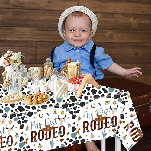 Miniatura 6 de CMUSKO 3 manteles de plástico con texto en inglés My First Rodeo, decoraciones de vaquero, para baby shower, estampado de vaca azul, desechables,