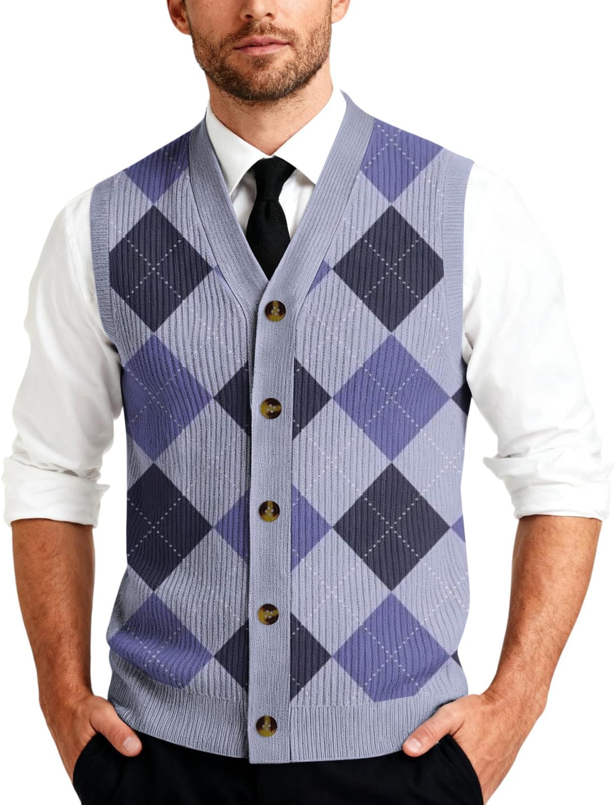 Men’S Button Down Sweater Vest Plaid Lightweight Knitted Cotton V-Neck Sleeveless Cardigans Business Casual