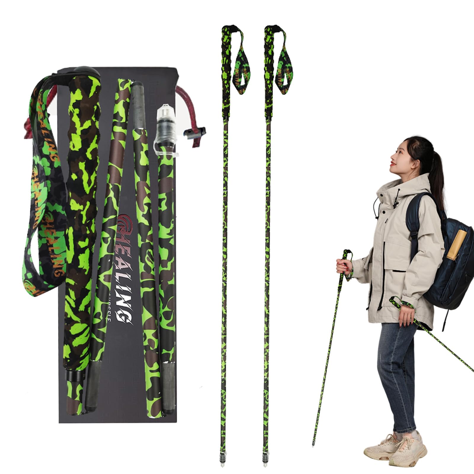 OKHEALING Teleskopowe kijki trekkingowe, składane, lekkie i mocne, 1 para, włókno węglowe T800, wysoka wytrzymałość, wzór kamuflażowy, do wędrówek, trekkingu i wspinaczki górskiej