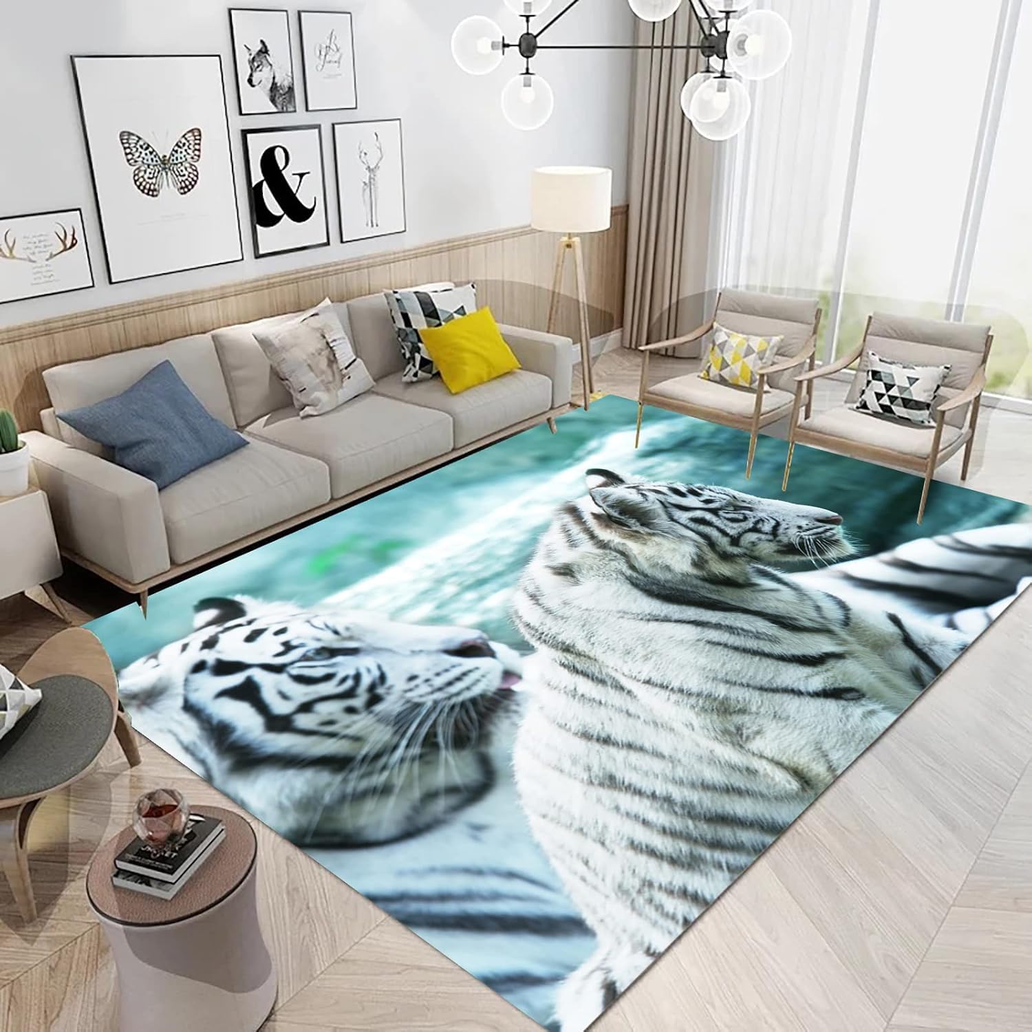 Tapis de salon tigre facile à nettoyer en flanelle 3D avec envers antidérapant