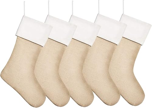 Medias de Navidad de arpillera de 20 pulgadas a granel, medias neutrales de Navidad para colgar en la chimenea, paquete de 5