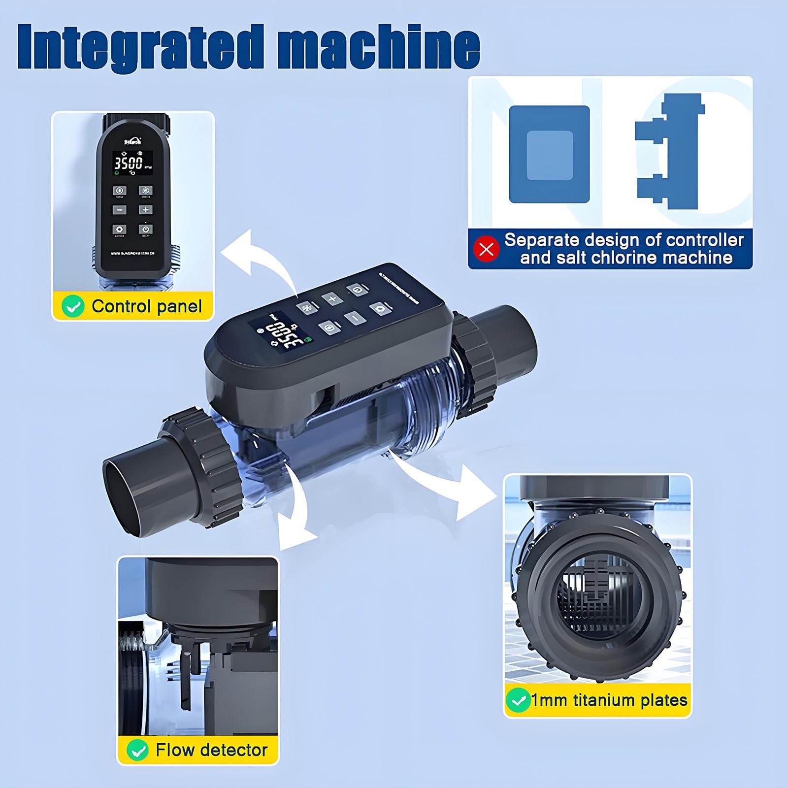 Sistemas de cloración para Piscinas de Agua Salada: generador de Cloro con Control Inteligente Mediante aplicación, celda de Titanio, fácil de Instalar 40g/h