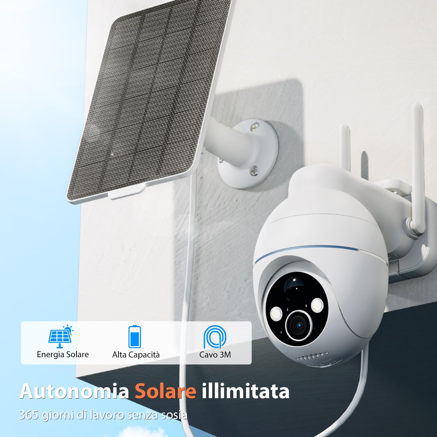 3K Telecamera Wi-Fi Esterno Senza Fili a Batteria, 360° PTZ Videocamera Sorveglianza con Pannello Solare, 2.4GHZ&Bluetooth, Visione Notturna a Colori, Allarmi PIR, Rilevazione di Movimento