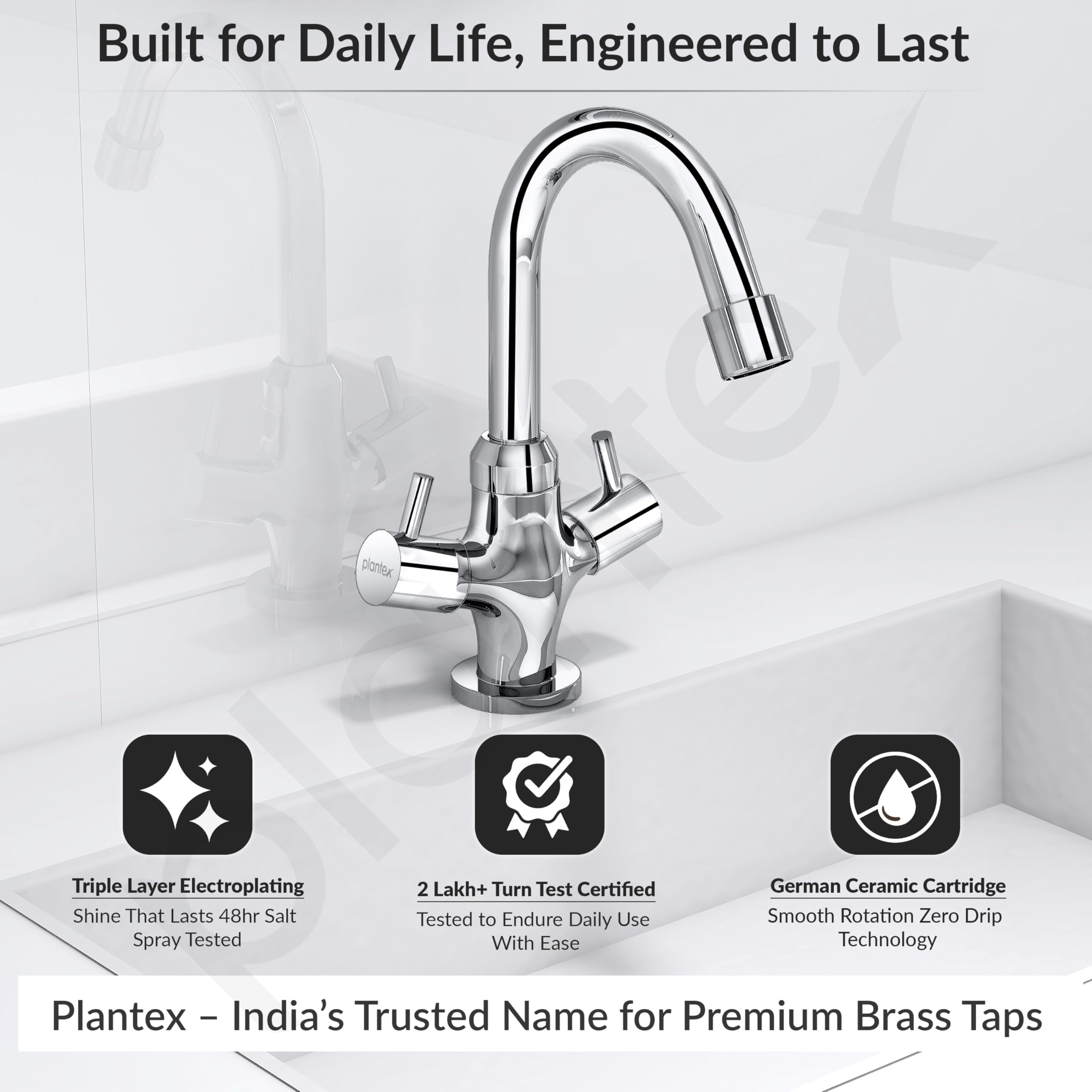 Plantex Brass Basin Mixer Tap - Chrome Finish -2