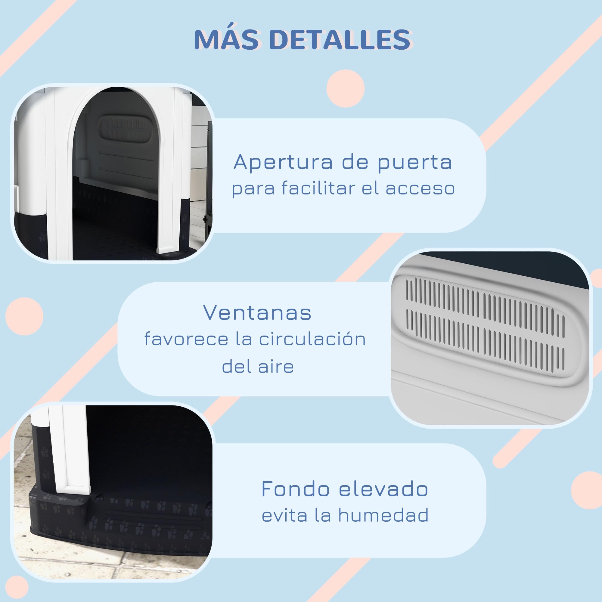 PawHut Caseta para Perros Mini para Exterior, Casa para Perros de Plástico con 3 Ventanas, Base Elevada, Techo de Tejas de Imitación, 64,5x57x66 cm, Gris Oscuro