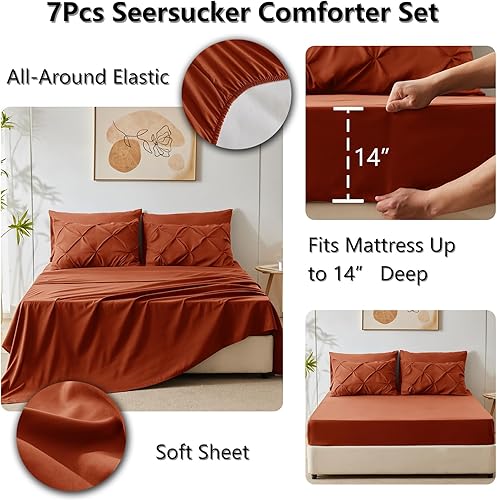 Miniatura 4 de CozyLux Juego de edredón King de 7 piezas, edredón de tamaño King, color naranja quemado, ropa de cama con pliegues de color terracota con edredón