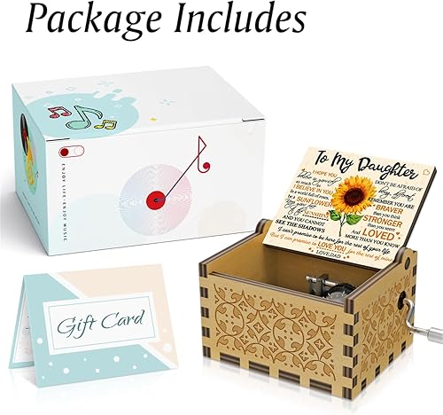 Miniatura 5 de BOOB Caja de música de madera con manivela grabada You are My Sunshine, regalo para hija de papá, mini caja de música de color girasol para Navidad,
