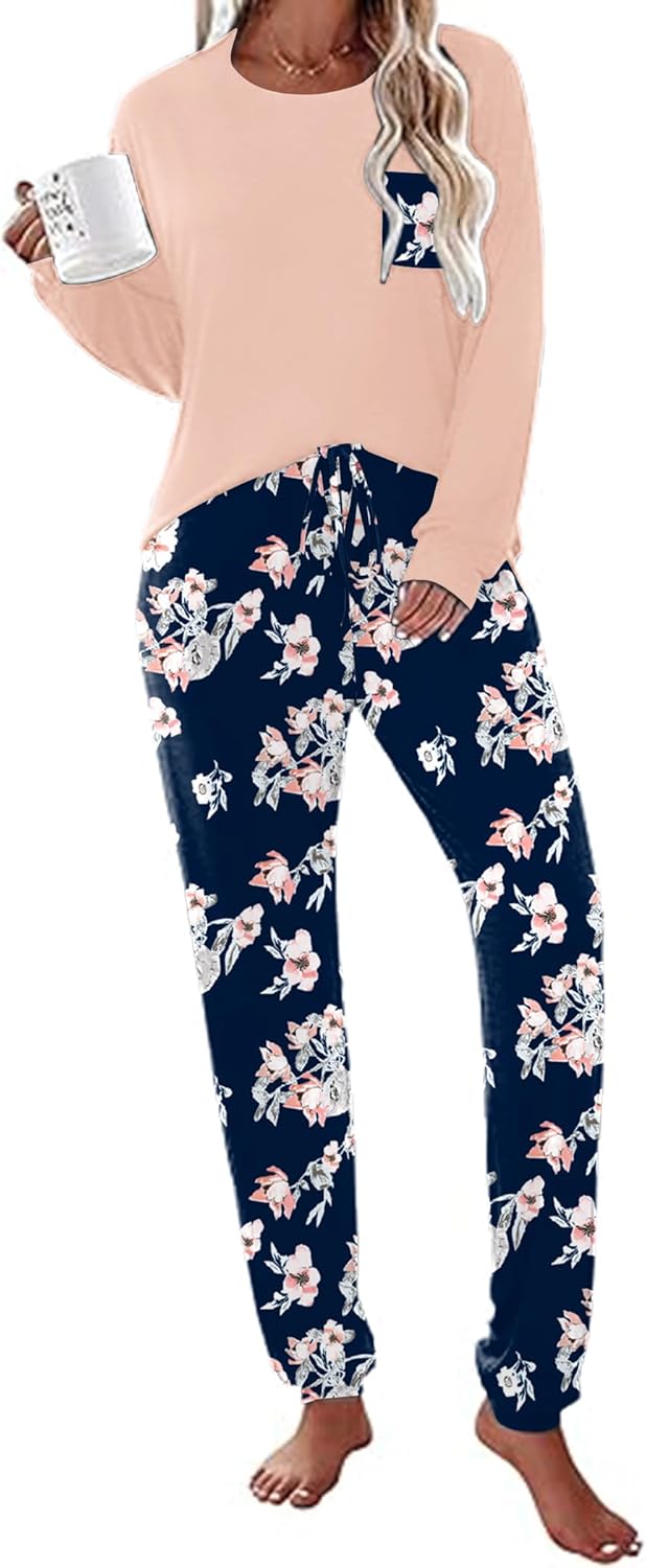 Ekouaer Womens Pajamas Set Long Sleeve Christmas PJ Sets Soft Lounge Set for Women Sleepwear Joggers with Pockets