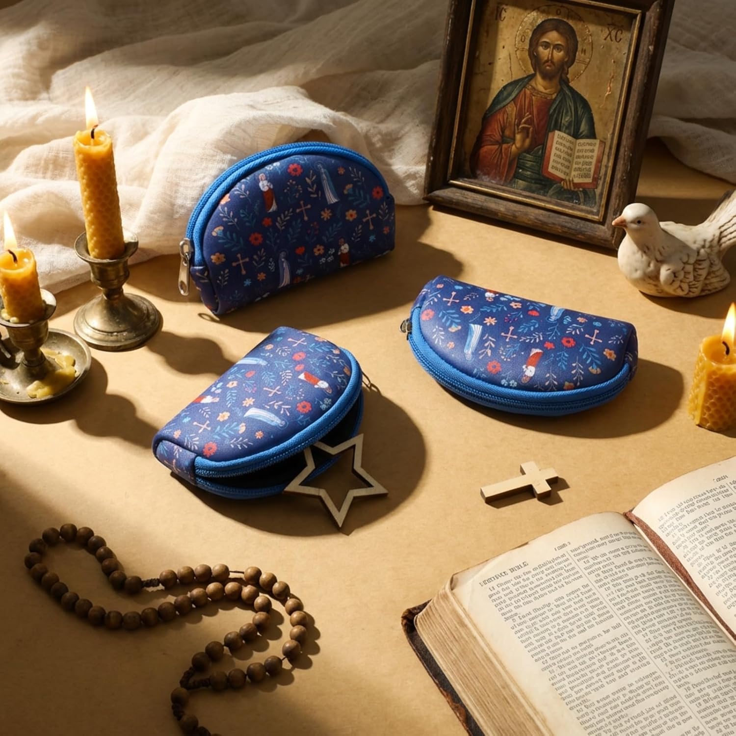 Sanwuta Catholic Rosary Pouch for Women Men Zippered Pouches Bead Holder Bag with Cross Jesus Our Lady Floral Print Blue Rosarios Religious Accessory Carriers for Christian Catholic Gift - Image 4
