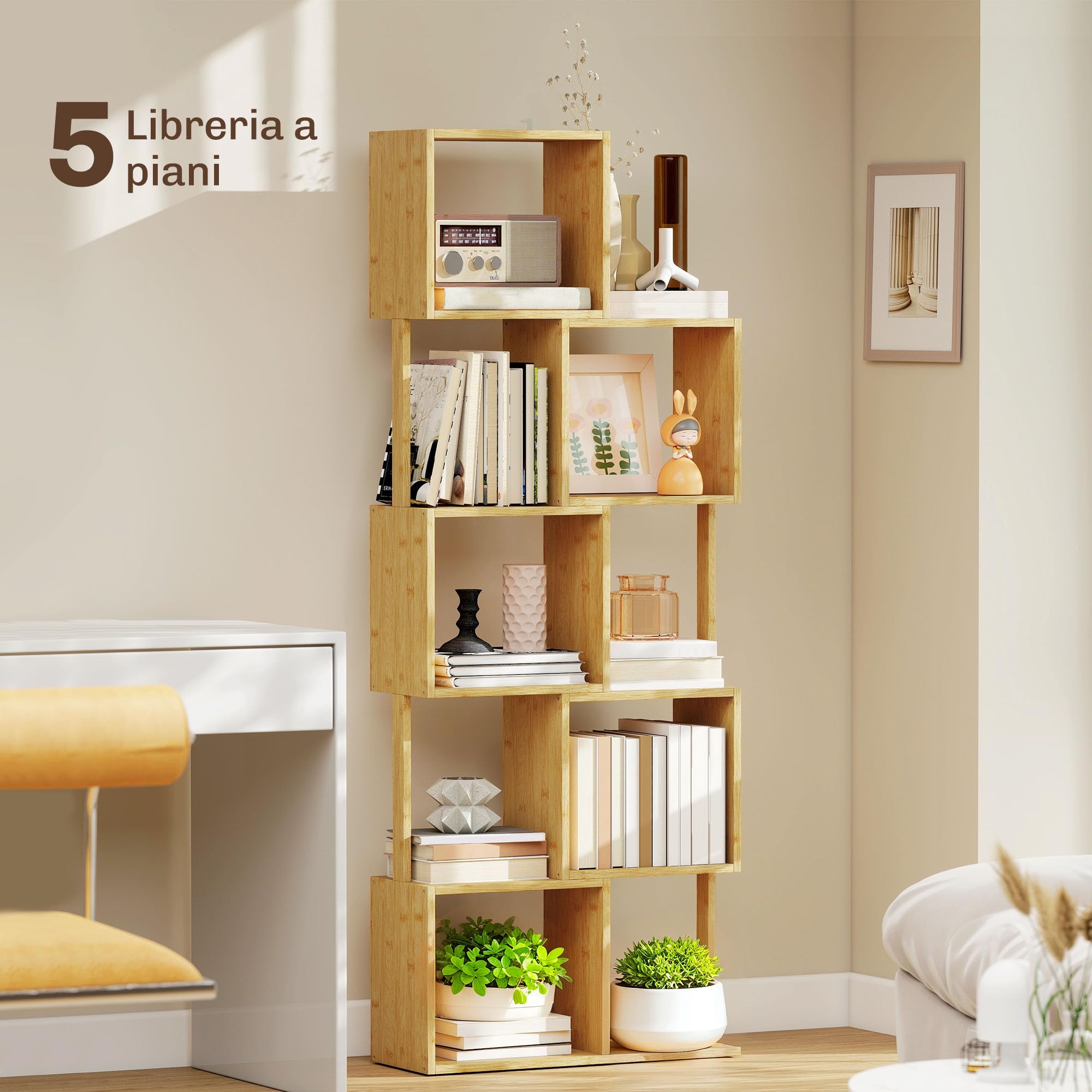 HOMCOM Libreria Scaffale a 5 Ripiani Suddivisi in Bambù a Forma di S, Libreria Verticale Salvaspazio Slim, Scaffale Portaoggetti per Soggiorno, Camera da Letto e Ufficio, 62.5x23x165 cm, Color Legno