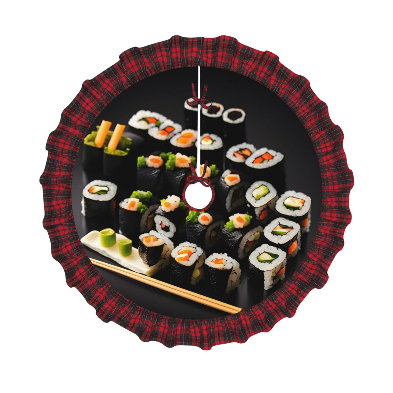 Cadeau original de Noël : jupe de sapin motif sushi japonais et bord écossais