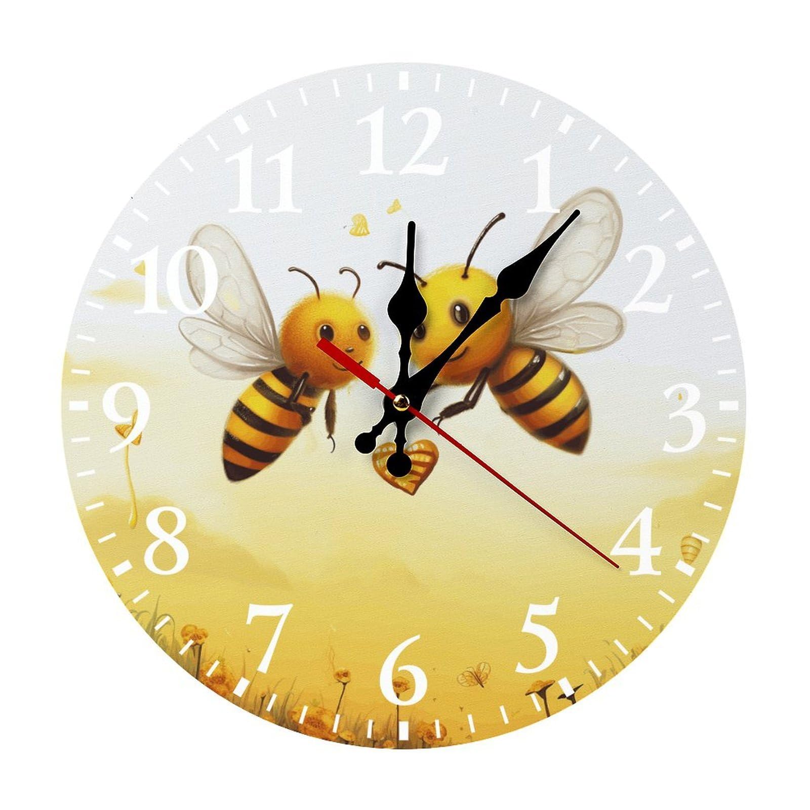 FodPand Round Wood Wall Clock with Scale Markers, Silent Non Ticking Analog Clock, Battery Operated Easy to Read Decorative Bee Love Honey Wall Clocks for Home Kitchen Living Room Office