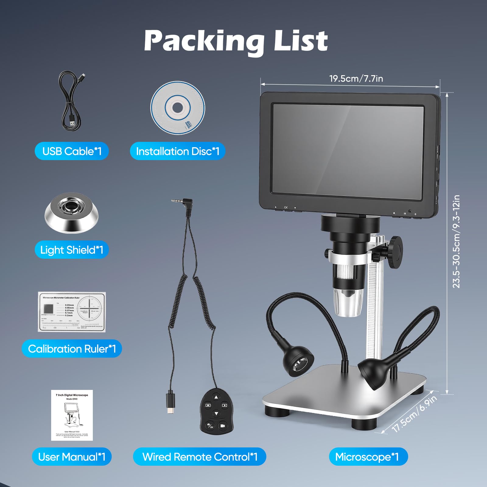Microscopio Digitale Elettronico Portatile da 7 Pollici 1080P · USB 1200x · Adatto a Tutte le Età · Compatibile con Windows/macOS · per Monete e Kit Biologico