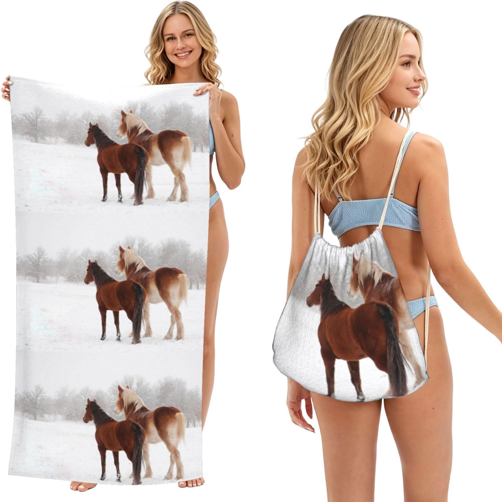 Poadnly As Picture Horse, 2 In 1 Packable Towel Bag, Beach Towels With Drawstring Backpack For Travel Holiday Camping