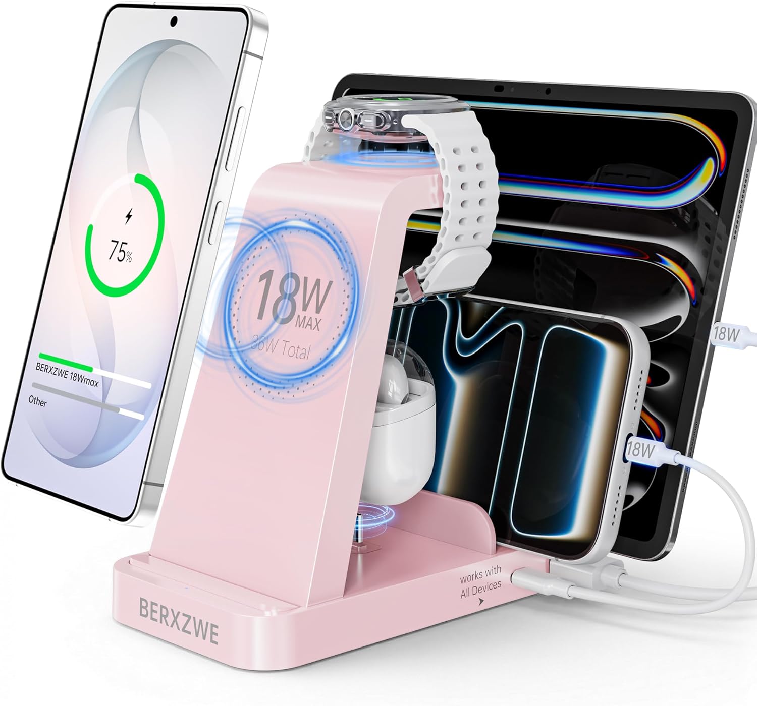 Wireless Charger for Samsung: 5 in 1 Samsung Wireless Charging Station for Galaxy S26Ultra/S25/S24, Charger Dock Stand for Galaxy Watch8/7/6/5, Android Charging Station for All USB-C Buds, Pink