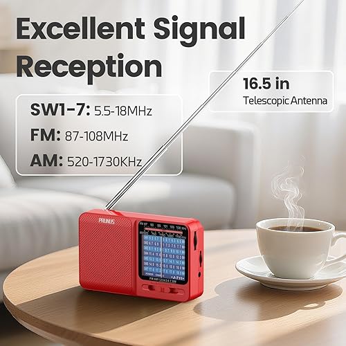 Miniatura 9 de PRUNUS J-711 Radio portátil AM/FM/SW1-SW7 Radio de onda corta, carga USB-C y funciona con pilas AA, excelente recepción, antena larga, conector