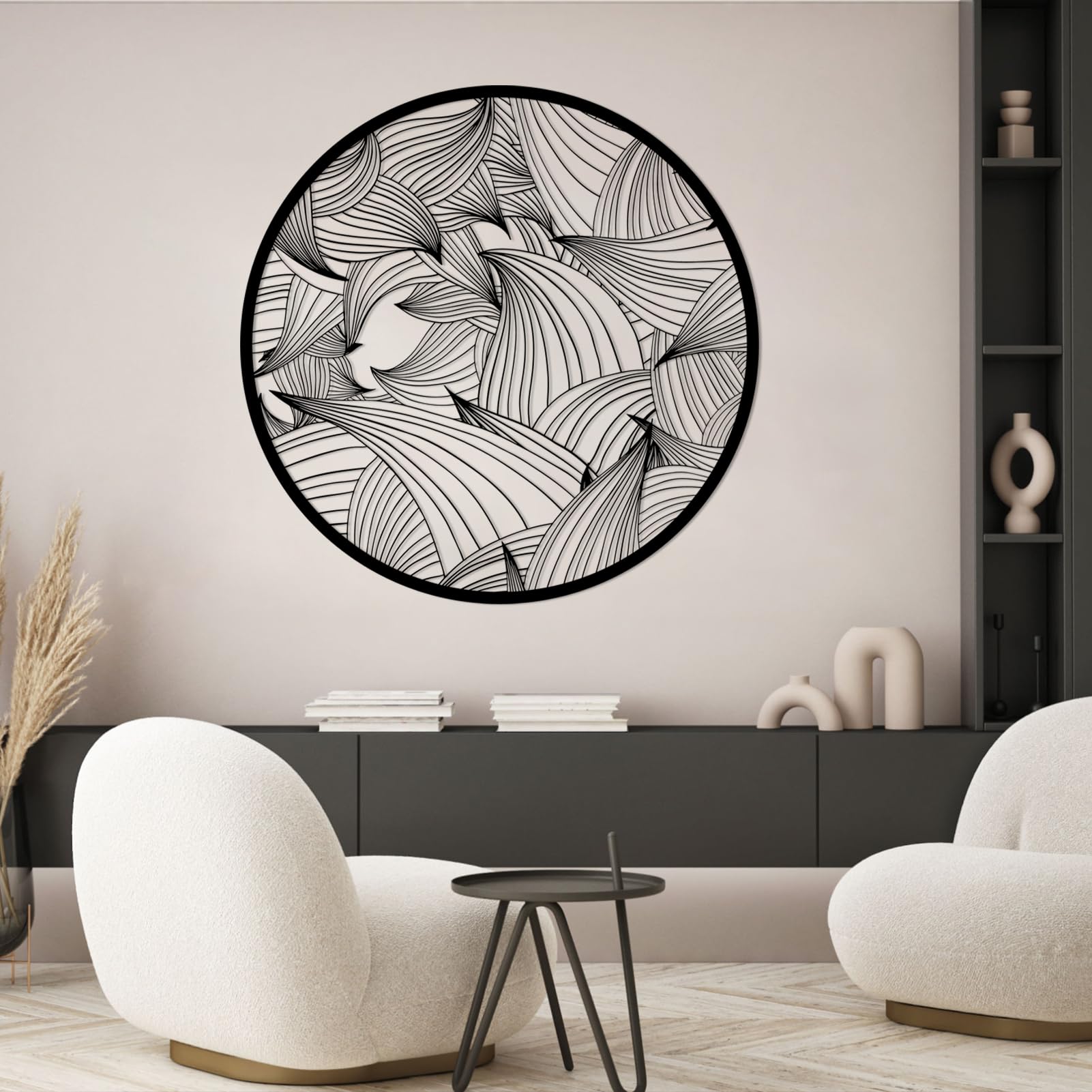 Metalowa, czarna, minimalistyczna, falowana dekoracja ścienna, metalowa, geometryczna dekoracja ścienna w stylu boho, nowoczesna rzeźba z falą do salonu, sypialni i przedpokoju (czarna, dł.