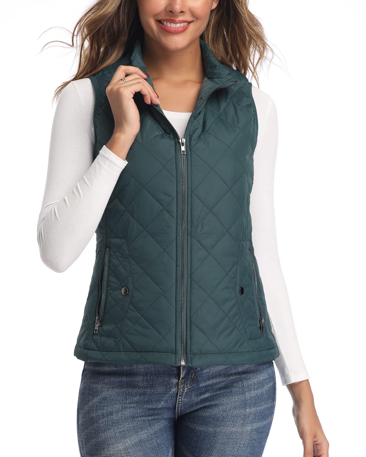 LK Women's Padded Vest, Stand Collar Lightweight Zip Quilted Gilet Green XL