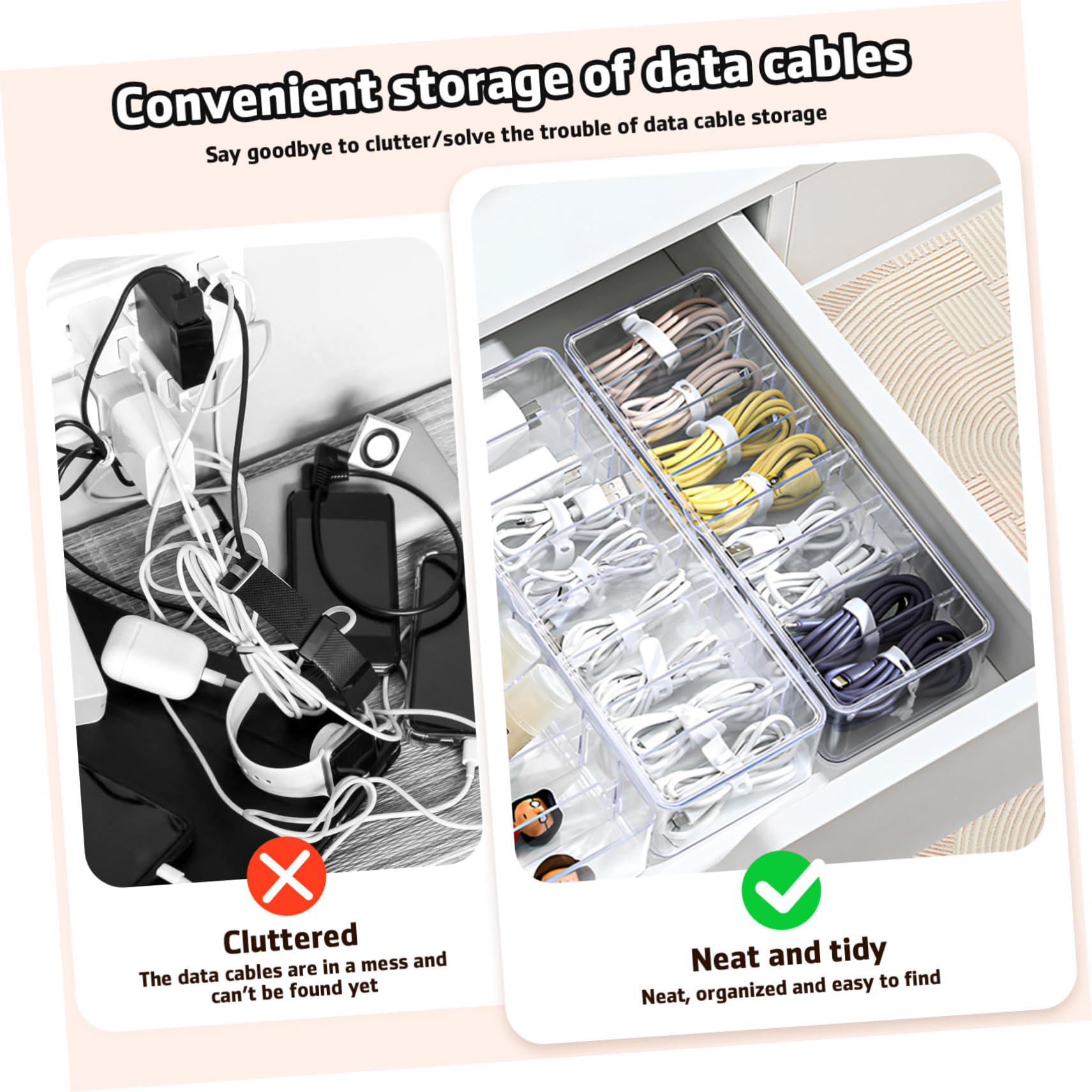 Scatola Organizzatore Cavi Trasparente 2 Pezzi in Plastica | Etichette Incluse, 20 Fascette per Ordinare i Cavi, Uso Versatile per Accessori e Scrivania