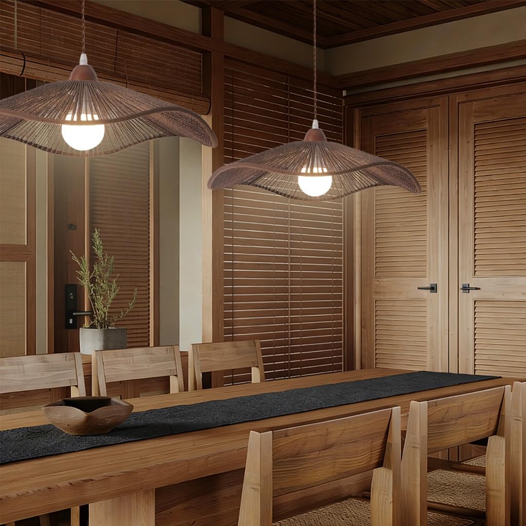 JOJOM Lampe tissée à la main Marron de Noyer Lustre au look bohème Corde de Chanvre suspension luminaire Hauteur Réglable Pour salon cuisine chambre Restaurant Salon de thé(A42)
