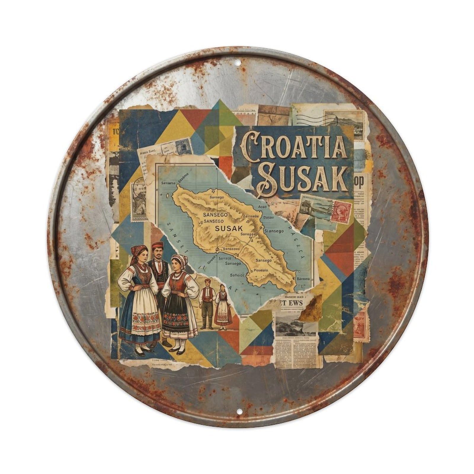 Susak Unique Croatian Collage Style Europe Travel Metal Tin Sign