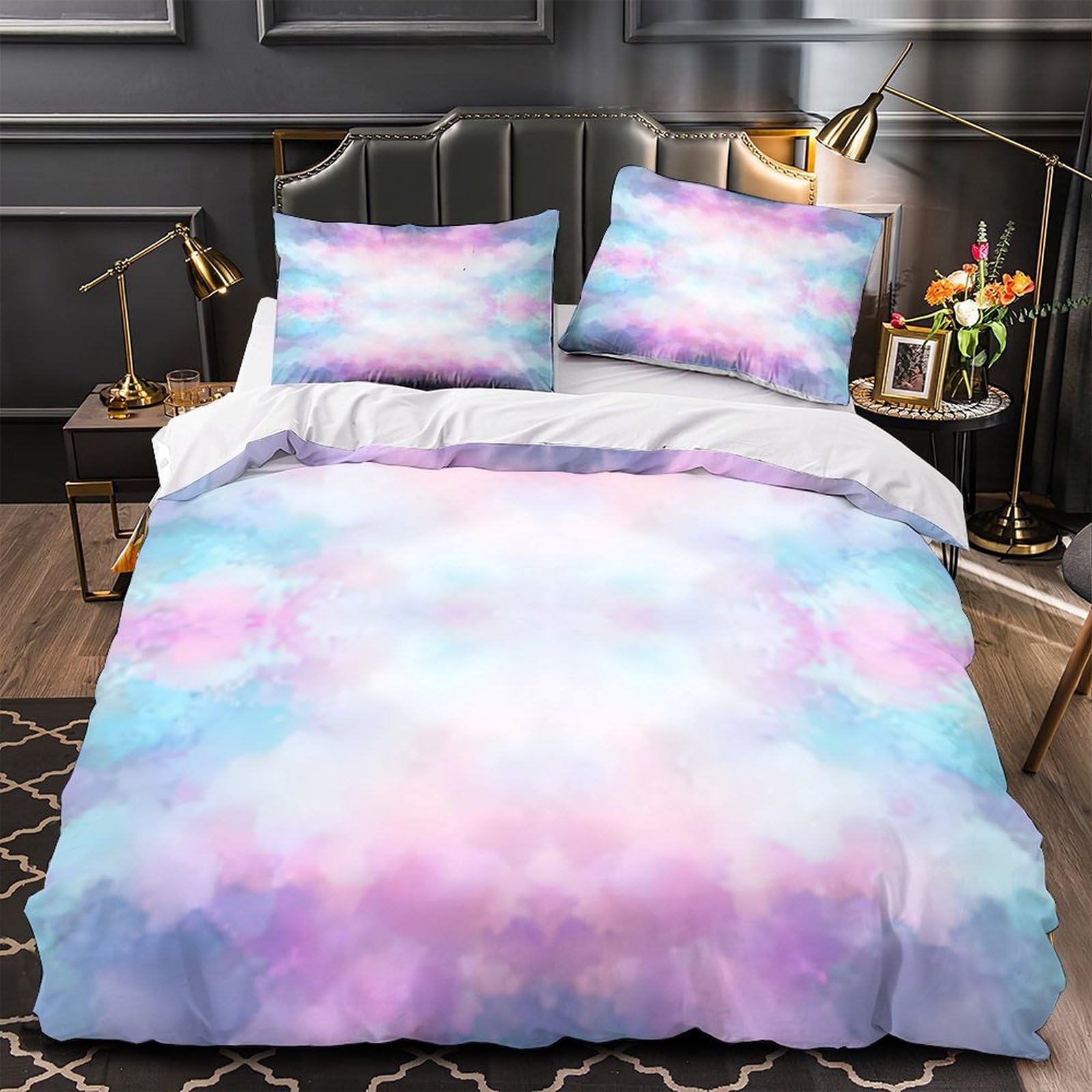 Drap de couette 3 pièces microfibre anti-tache lit super king motif 3D nuages