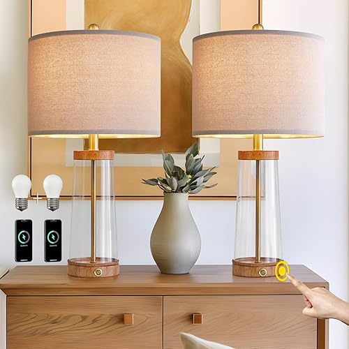 Miniatura 9 de USumkky Juego de 2 lámparas de mesa de 24 pulgadas con control táctil regulable de 3 vías USB A+C, lámpara de mesa moderna de cristal, lámpara de