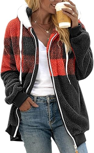 Abrigos de invierno para mujer, chaqueta de forro polar mullido con capucha y bloques de color, cárdigan, abrigos con bolsillos