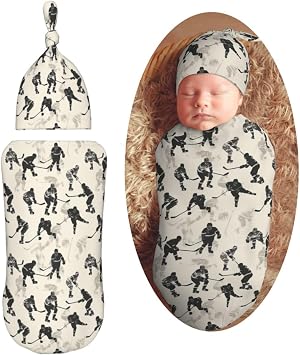 Watercolor Hockey Players Newborn Swaddle Blankets Hat Sets Soft Baby Receiving Blanket Swaddle for Baby Shower Infant Boy Girl Gift