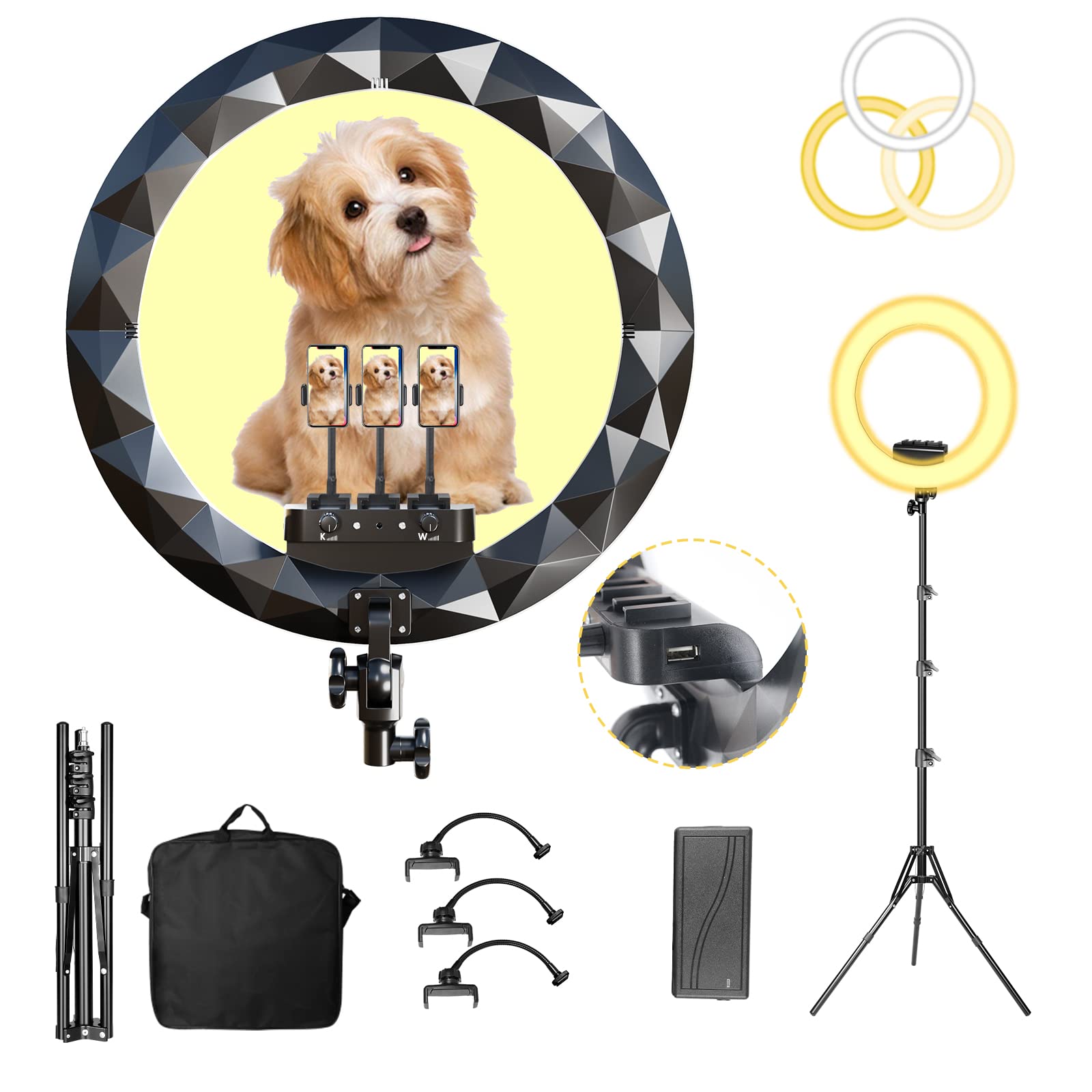 Ring Light with Stand, 19in LED Selfie Circle Light, Max 8ft/2.5m Tripod Stand, 3 Holders for iPhone, Remote Control, 6300K Color Temperature for Live
