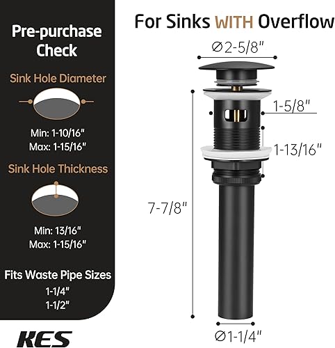 Miniatura 5 de KES S2008A-BK-P2 - Drenaje desplegable para lavabo de baño, 2 unidades de acero inoxidable T304 y latón, 2 unidades para lavabo de baño, color negro