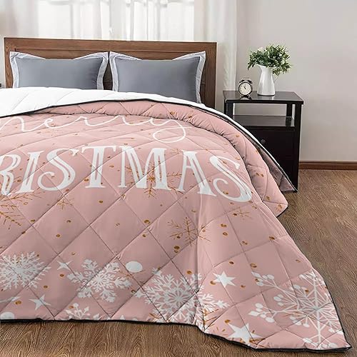 T&H XHome Quilt California King Luxury Quilted Comforter Bedspread-Thin Soft Cozy, Merry Christmas Winter Snowflake Pink Reversible Stitched